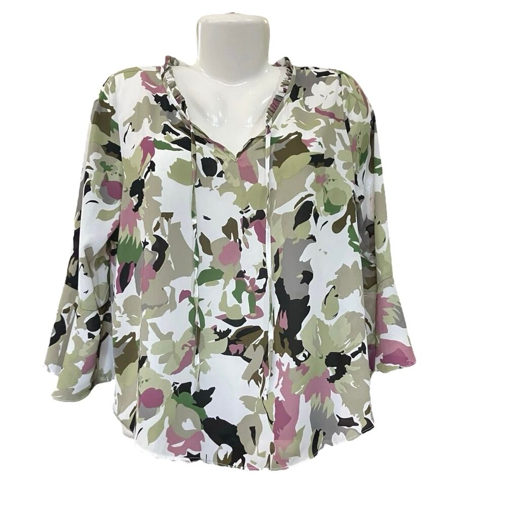 Milano Women's Multicolor Floral Print Front Tie Bell Sleeve Blouse | Size L